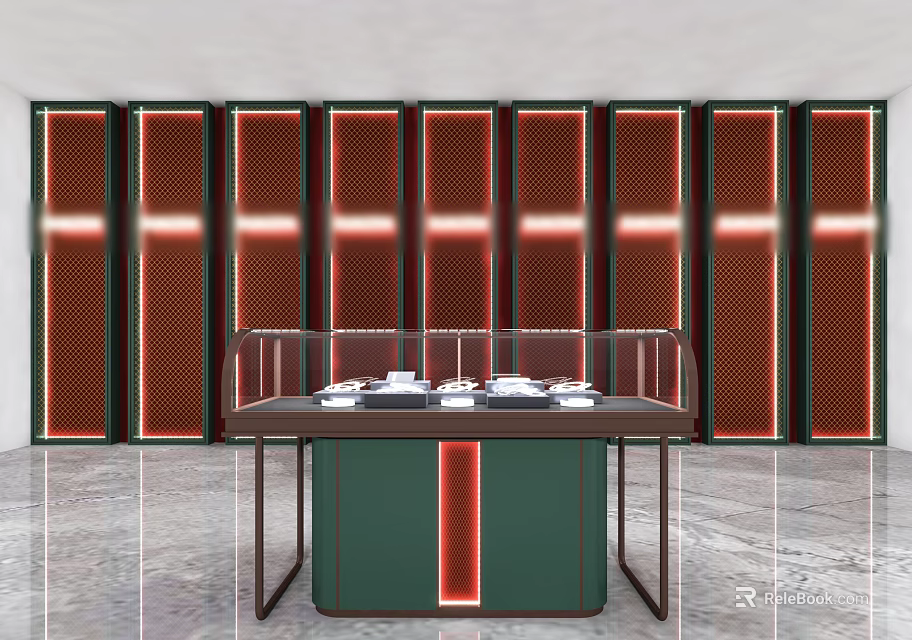 Modern Jewelry Store with Green Display Case Red Accents and Brown Background Cabinets 3d model 