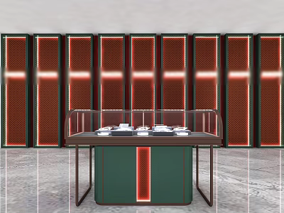 Modern Jewelry Store with Green Display Case Red Accents and Brown Background Cabinets 3d model