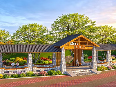 Wooden Pergola With Black Roof Stone Pillars Red Brick Pavement And Greenery 3d model