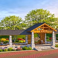 Wooden Pergola With Black Roof Stone Pillars Red Brick Pavement And Greenery