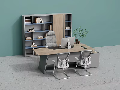 Modern Office Desk With Bookshelf Books Laptop Potted Plant And Two Chairs Against Green Wall 3d model