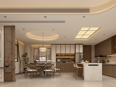 Modern Restaurant Interior Design With Dining Table Chairs Hanging Light Marble Island And Open Kitchen 3d model