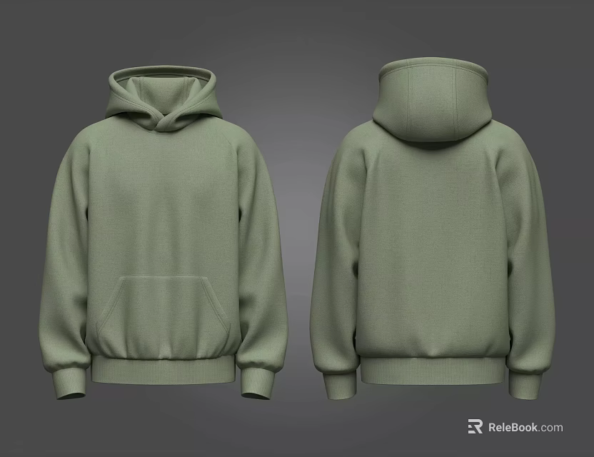 Olive Green Hoodie Front and Back View with Hooded Design and Pocket 3d model 