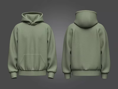 Olive Green Hoodie Front and Back View with Hooded Design and Pocket 3d model