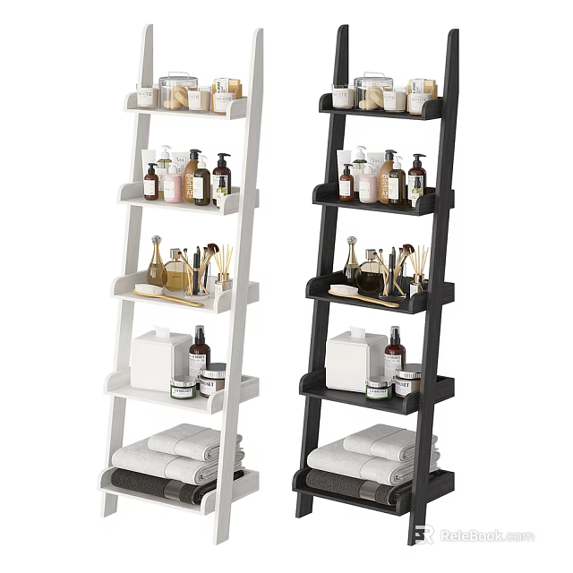 White and Black Multi tiered Bathroom Shelf with Toiletries and Towels Storage 3d model 