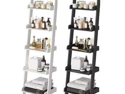 White and Black Multi tiered Bathroom Shelf with Toiletries and Towels Storage 3d model