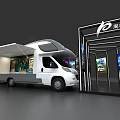 Modern Recreational Vehicle With Open Awning Parked By Exhibition Showroom Hall With Posters