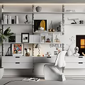 Stylish Open Shelving Unit In Home Office With Books Decor Items Lamp And Green Plant
