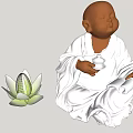 Game and Movie Character of Young Monk in White Robe Holding Teacup with White Lotus