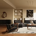 Elegant Modern Living Room Interior With Gray Sofa Black Armchair Bookshelves And Wooden Flooring
