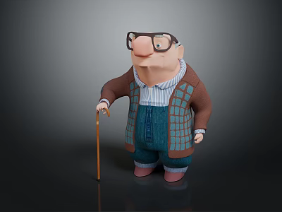 Cartoon Game Movie Character with Big Nose Glasses Wearing Brown Coat Plaid Vest Holding Cane 3d model