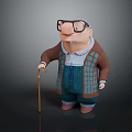 Cartoon Game Movie Character with Big Nose Glasses Wearing Brown Coat Plaid Vest Holding Cane