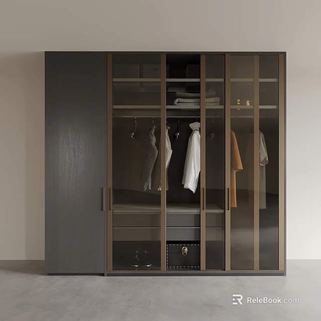 Modern Wardrobe With Glass Doors And Hanging Clothes Storage Space 3d model 