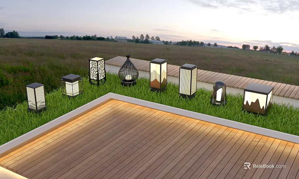 Outdoor Lights With Various Designs On Grass Near Wooden Deck At Twilight 3d model 