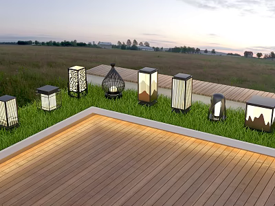 Outdoor Lights With Various Designs On Grass Near Wooden Deck At Twilight 3d model