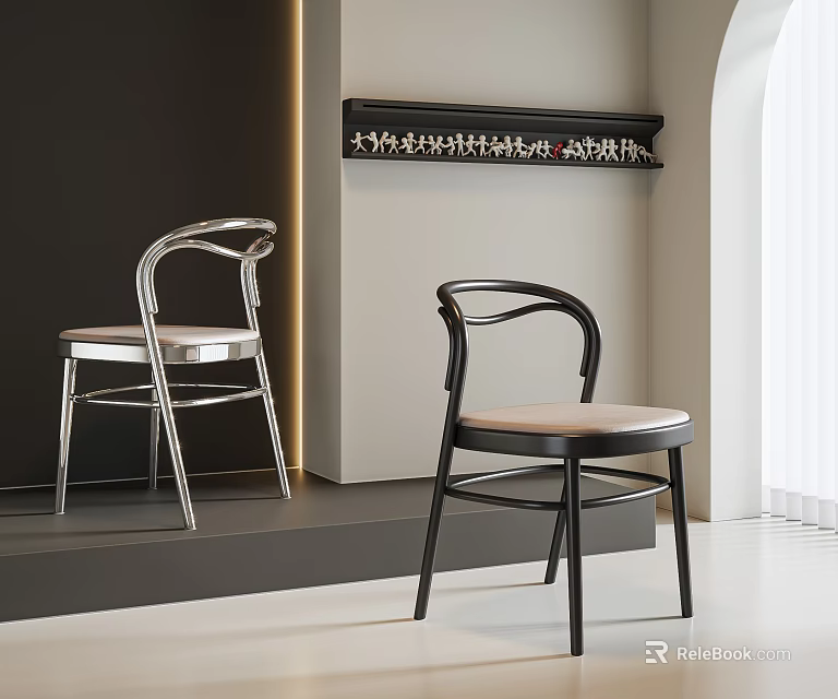 Modern Dining Chairs With Silver And Black Metal Frames Light Colored Seats In Minimalist Interior 3d model 