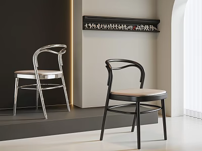 Modern Dining Chairs With Silver And Black Metal Frames Light Colored Seats In Minimalist Interior 3d model