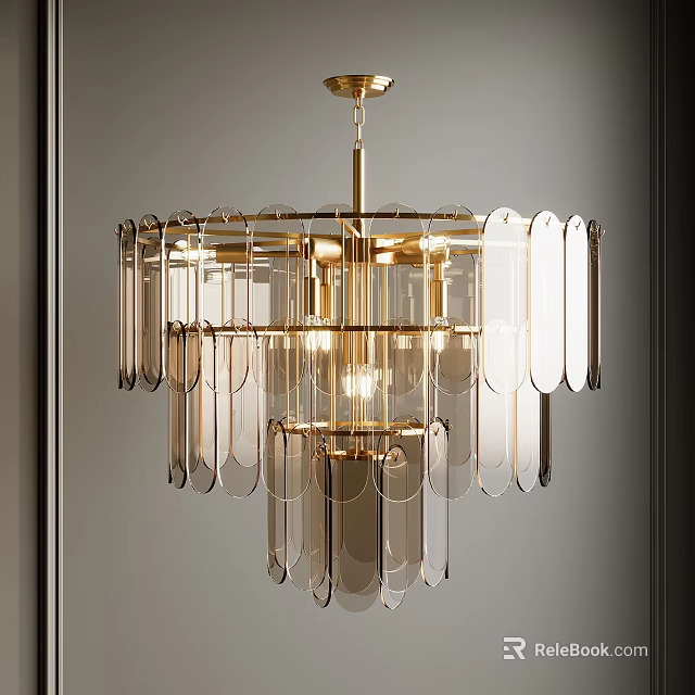 Elegant Modern Chandelier With Gold Metal Frame And Hanging Transparent Glass Panels 3d model 