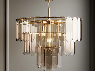 Elegant Modern Chandelier With Gold Metal Frame And Hanging Transparent Glass Panels 3d model