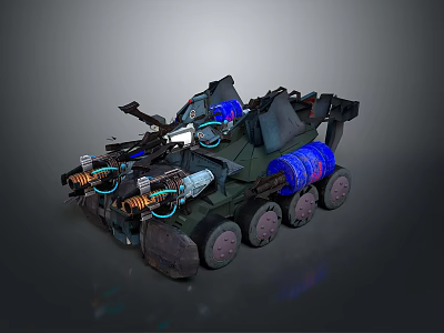 Armored Military Vehicle With Heavy Weapon System Multiple Wheels And Blue Mechanical Details 3d model