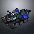 Armored Military Vehicle With Heavy Weapon System Multiple Wheels And Blue Mechanical Details