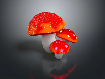 Three Shiny Red Vegetable Mushrooms With White Spots And Dark Background Reflection 3d model
