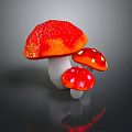 Three Shiny Red Vegetable Mushrooms With White Spots And Dark Background Reflection