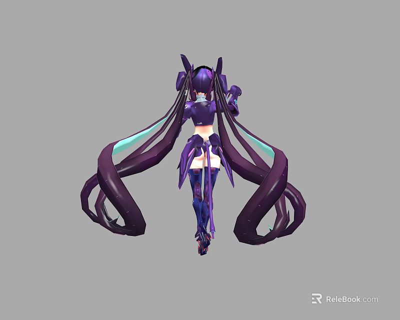 Anime Style Woman With Long Purple Twin Tails And Decorative Purple White Outfit Design 3d model 