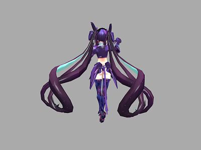 Anime Style Woman With Long Purple Twin Tails And Decorative Purple White Outfit Design 3d model