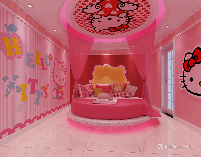 Hotel Guest Room with Hello Kitty Theme Pink Round Bed and Curtains Wall Decorations 3d model 