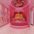 Hotel Guest Room with Hello Kitty Theme Pink Round Bed and Curtains Wall Decorations