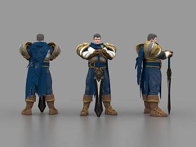 Game Movie Character Design Three Angles With Blue Gold Armor Cloak And Weapon 3d model