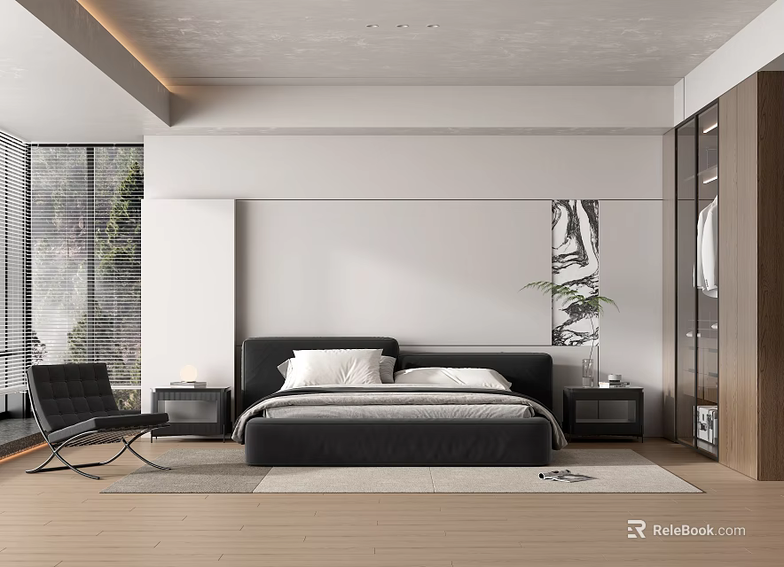 Modern Bedroom Interior Design With King Bed Nightstands Accent Chair And Wall Art 3d model 