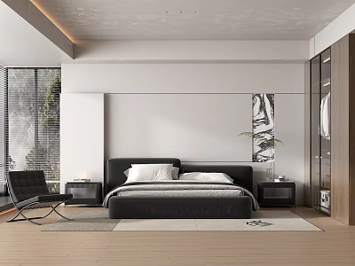Modern Bedroom Interior Design With King Bed Nightstands Accent Chair And Wall Art 3d model