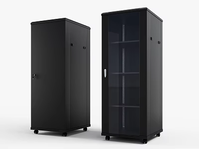 Two Black Computer Server Cabinets With Glass Door Solid Door Casters And Ventilation 3d model