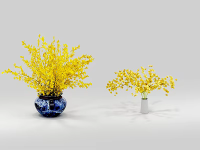 Two Vases with Yellow Flowering Branches Blue Patterned and White Minimalist Decorative 3d model