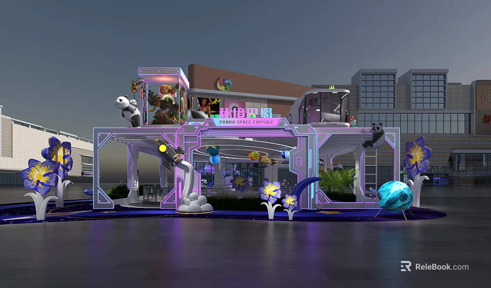 Art Installation With Neon Lights Colorful Frames Flower Decorations And Spherical Elements 3d model