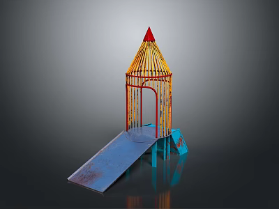 Pencil Shaped Playground Building With Red Pointed Top Yellow Frame And Blue Slide 3d model