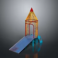 Pencil Shaped Playground Building With Red Pointed Top Yellow Frame And Blue Slide