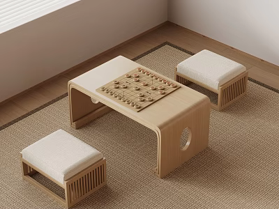 Minimalist Wooden Low Table With Chessboard Pattern And Padded Stools On Carpet 3d model