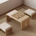 Minimalist Wooden Low Table With Chessboard Pattern And Padded Stools On Carpet 3d model