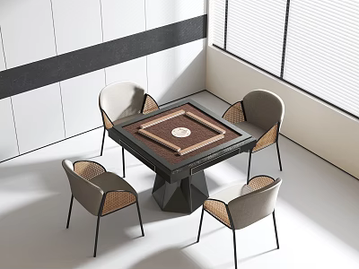 Modern Entertainment Table With Four Woven Chairs And Black Base In Bright Room 3d model