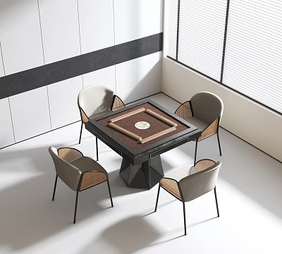 Modern Entertainment Table With Four Woven Chairs And Black Base In Bright Room 3d model