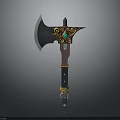 Ornate Fantasy Axe With Green Gemstone Golden Patterns And Leather Wrapped Handle