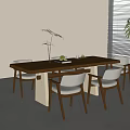 Modern Wooden Dining Table Set with Light Cushioned Chairs Green Plant Vase Fruits