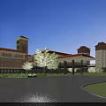 Traditional School Building With Red Roof Yellow Walls Tall Tower Green Lawn And Campus Trees
