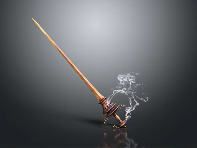 Decorative Golden Sword With Intricate Handle And Smoke Effect On Dark Background 3d model