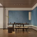 Chinese Style Private Box Interior With Long Table Chairs And Calligraphy