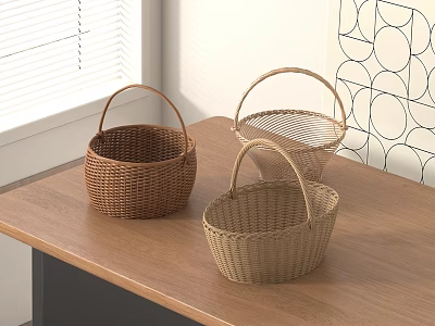 Three Woven Storage Baskets Placed On Wooden Table With Window And Geometric Wall 3d model