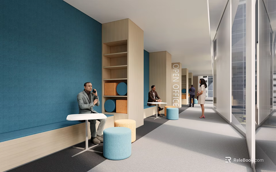 Modern Office Corridor with Blue Walls Wooden Shelves Round Stools and Open Culture Sign 3d model 
